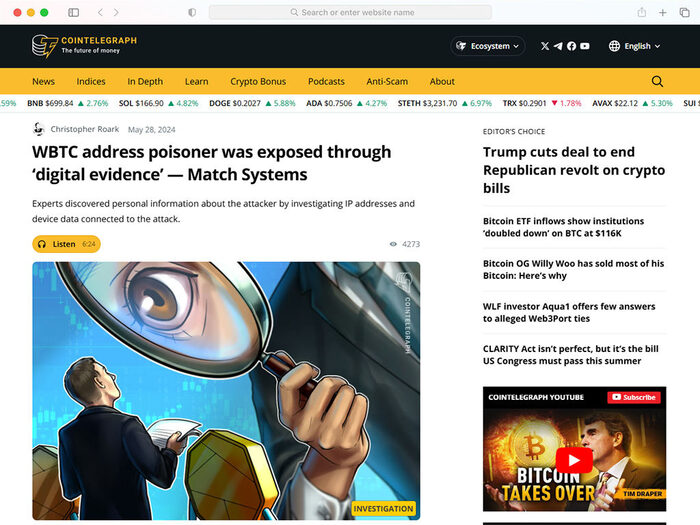 WBTC address poisoner was exposed through ‘digital evidence’ — Match Systems