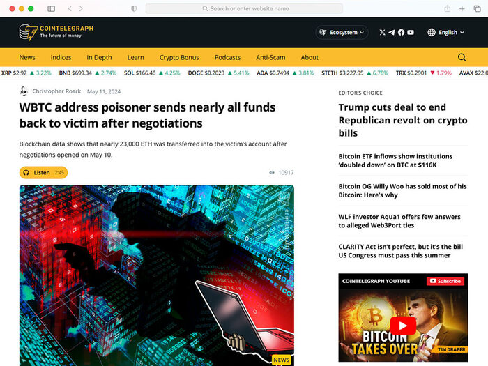 WBTC address poisoner sends nearly all funds back to victim after negotiations