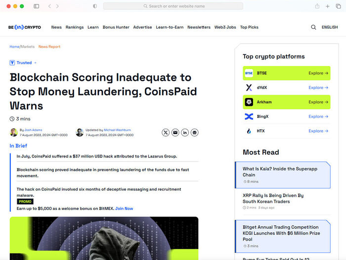 Blockchain Scoring Inadequate to Stop Money Laundering, CoinsPaid Warns