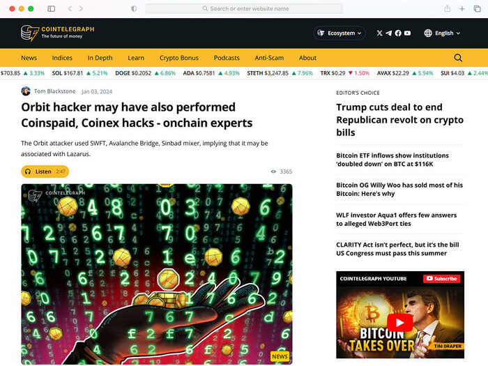 Orbit hacker may have also performed Coinspaid, Coinex hacks - onchain experts