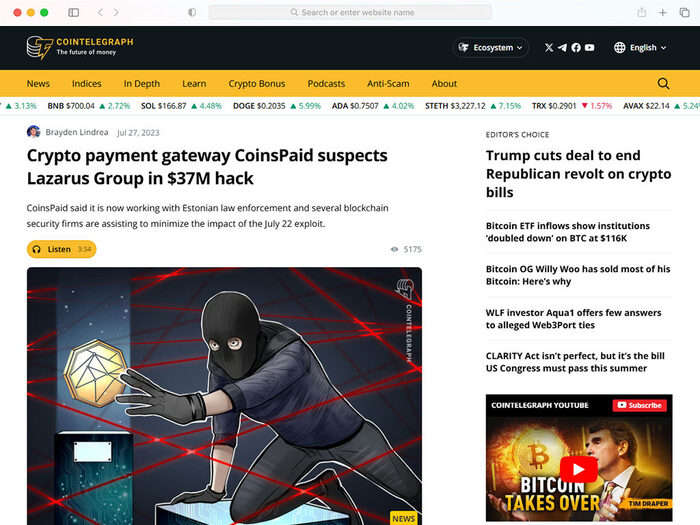 Crypto payment gateway CoinsPaid suspects Lazarus Group in $37M hack