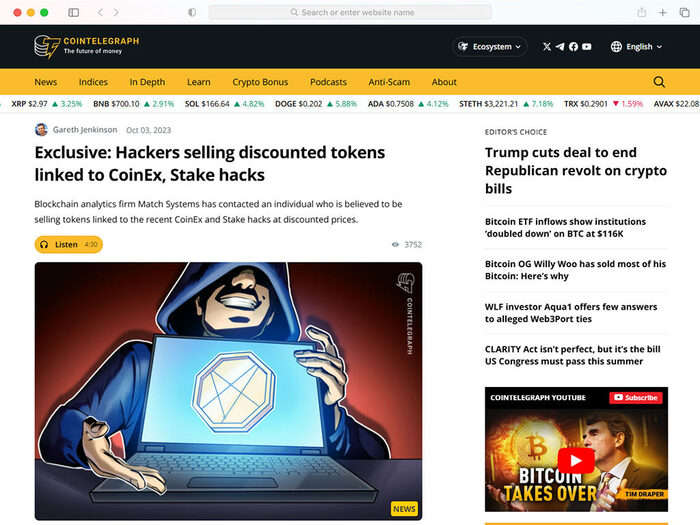 Exclusive: Hackers selling discounted tokens linked to CoinEx, Stake hacks