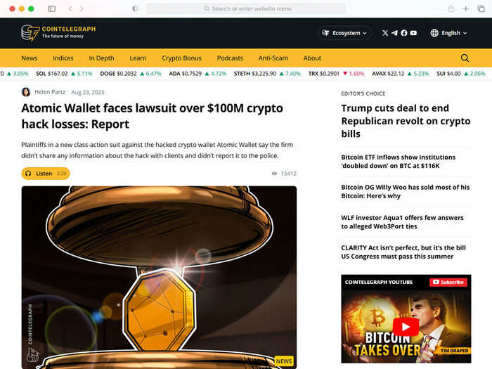 Atomic Wallet faces lawsuit over $100M crypto hack losses: Report